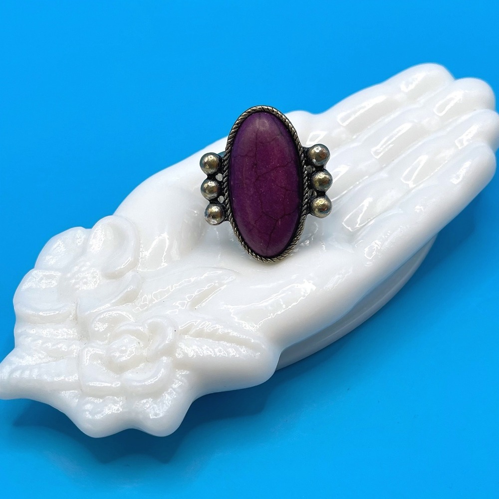 Purple Faux Stone Ring Silver Tone Stretch Band Boho Statement Western Cowgirl‎